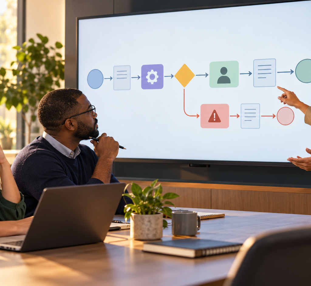 AI and business operations illustration showing work tasks mapped to AI assistance and human review across teams