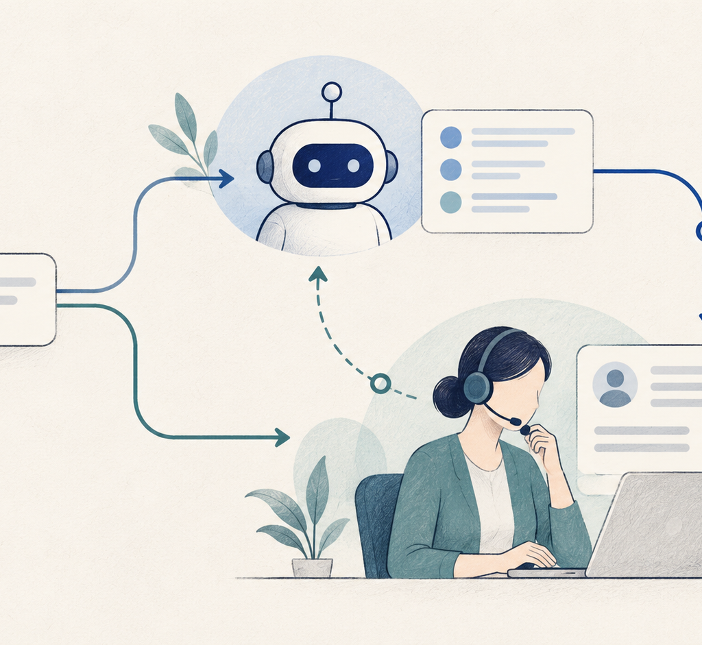 AI in customer service illustration showing a customer request routed to an AI assistant and then reviewed by a human agent
