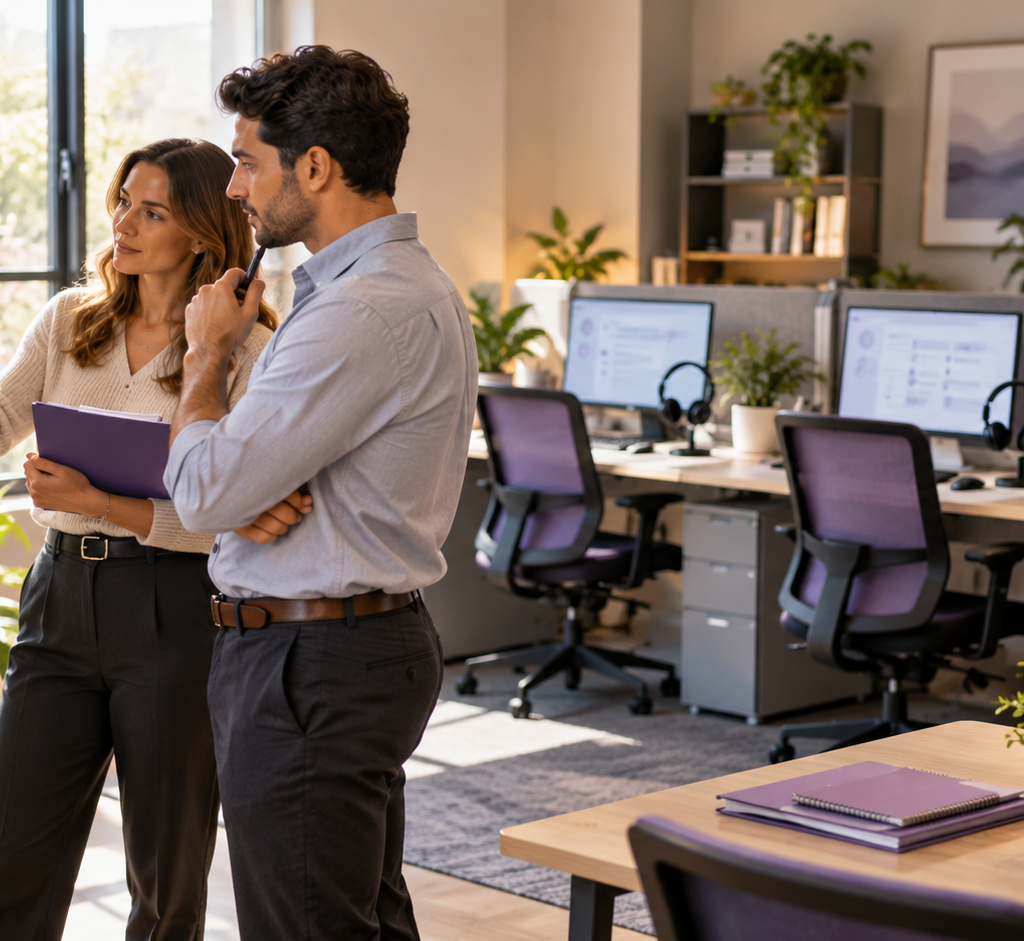 Call center launch checklist review with two colleagues beside headsets and workstations