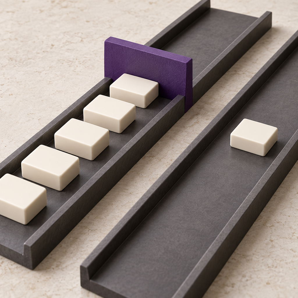 Capacity planning illustration with ivory task tiles queued in a graphite lane before a violet barrier beside an open lane