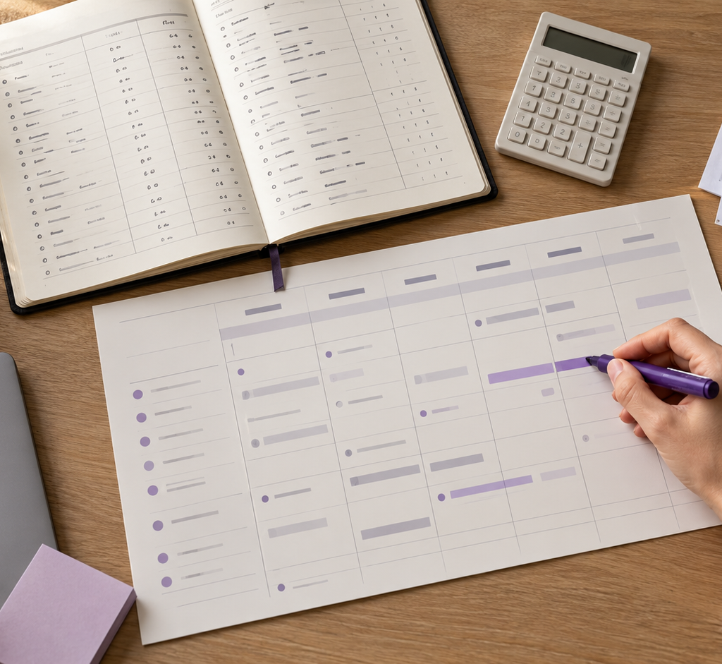 Cash flow forecast planning sheet beside a calculator and invoices on a business desk