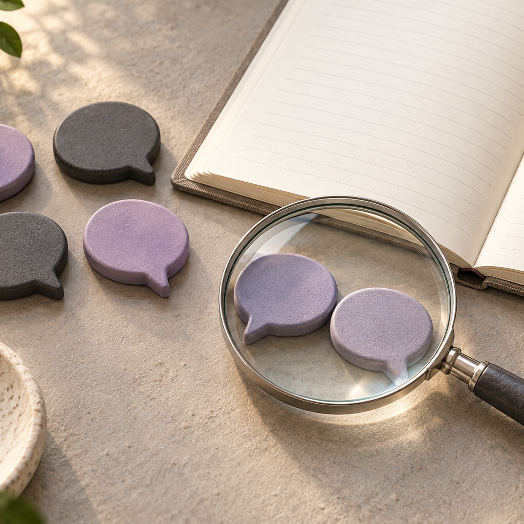 Complaint review illustration with a magnifying glass over violet speech-bubble tokens beside an open notebook