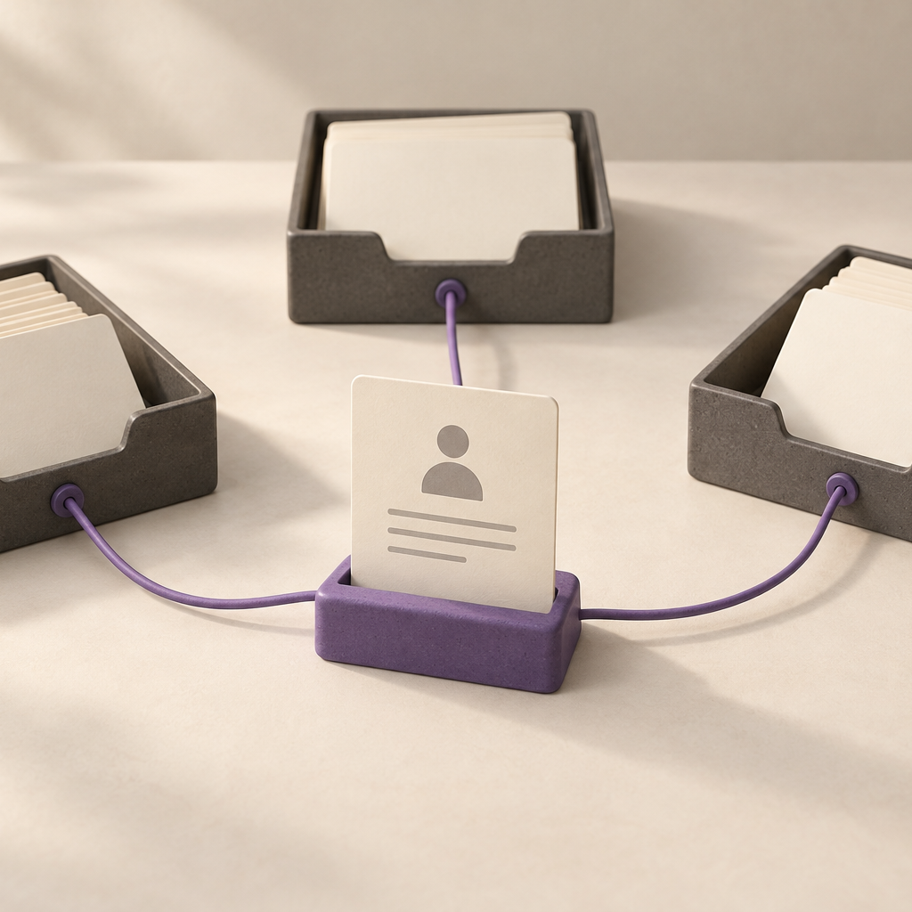 Data handoff illustration with one reference card connected to three document trays by violet cords