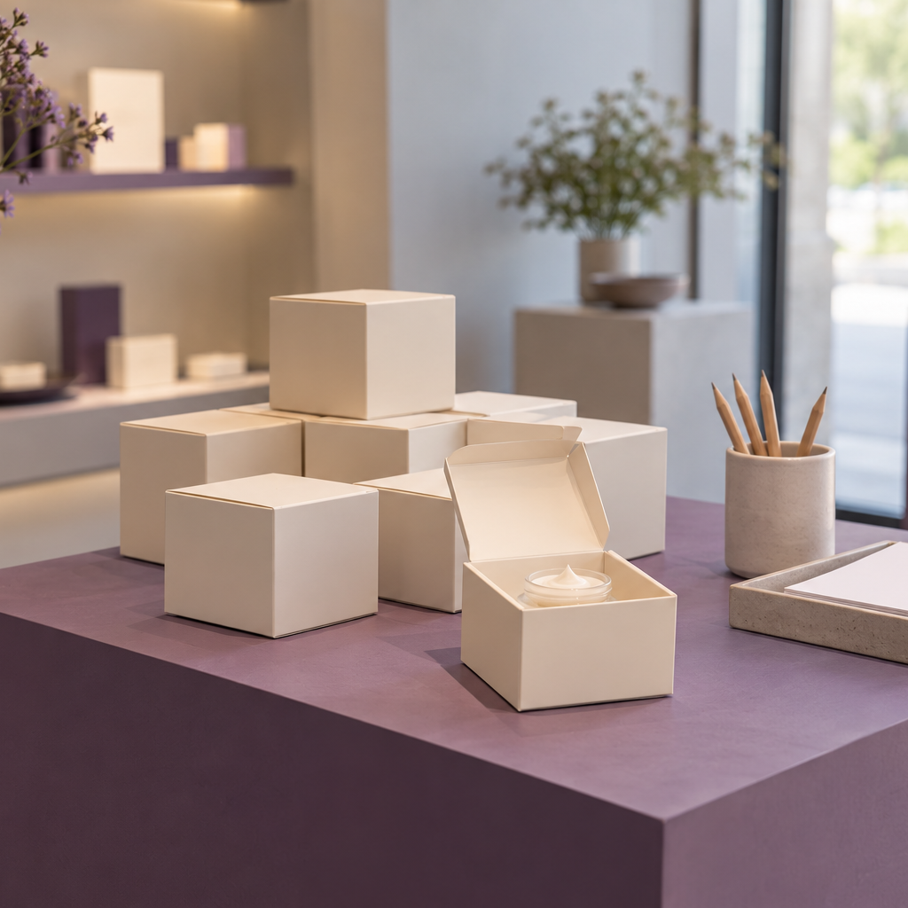 Market entry pilot display with a small batch of unbranded sample boxes and blank feedback cards