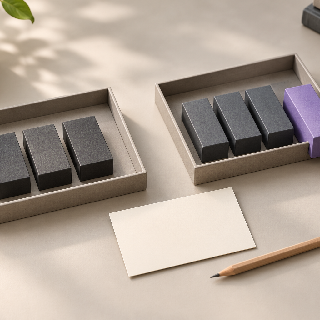 Service margin review illustration comparing three graphite work blocks with a tray carrying extra violet blocks