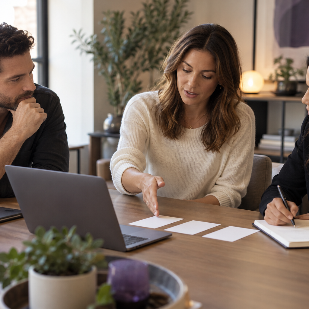 Weekly business review with three colleagues discussing decision cards beside a laptop